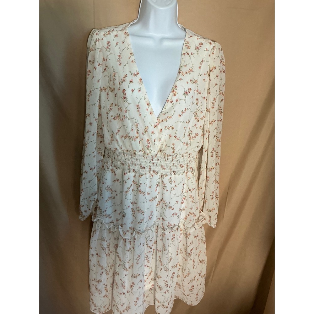 Shein Curve Floral Mini Dress Women 0XL White Pink Excellent Smocked Tiered Boho